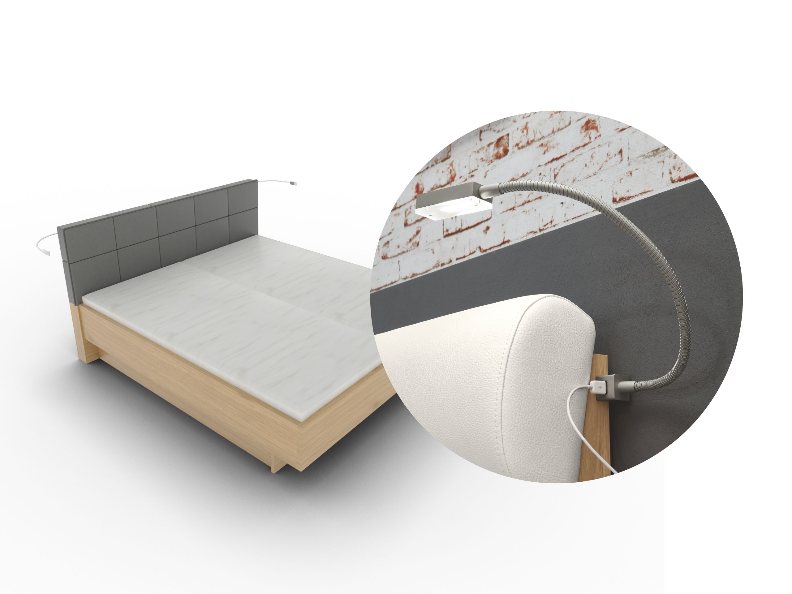 Fotorealistische Darstellung Disselkamp Bett mit Zubehör LED Flex Leuchten. 