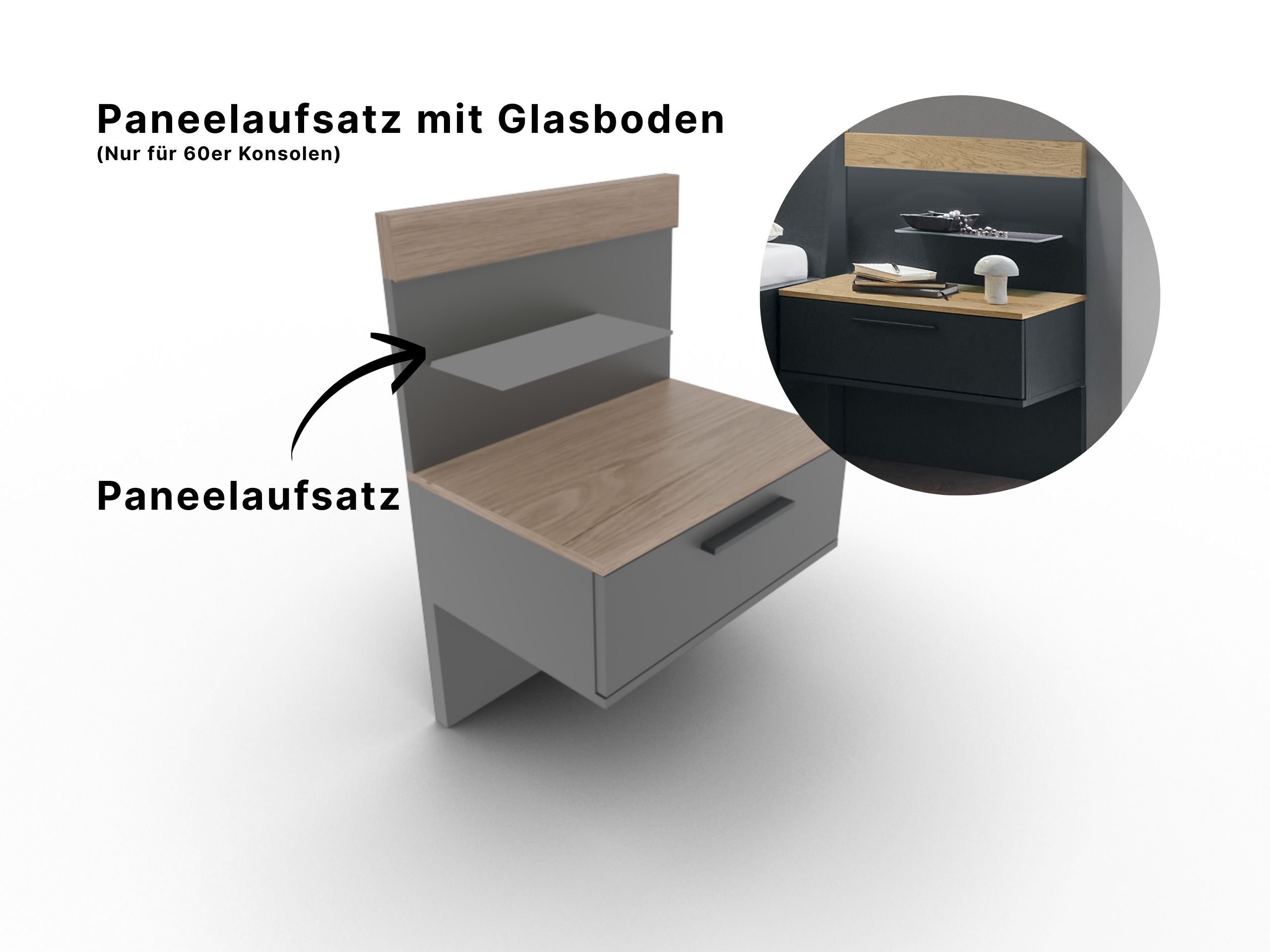 Disselkamp Cuneo Haengekonsole 60er_Paneelaufsatz mit Glasboden_Lack Basalt U-Linie
