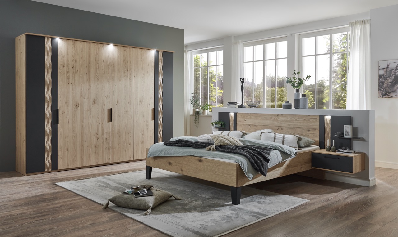 Callao Millieu Schrankfront 1 Lack Basalt Bett mit Holzkopfteil