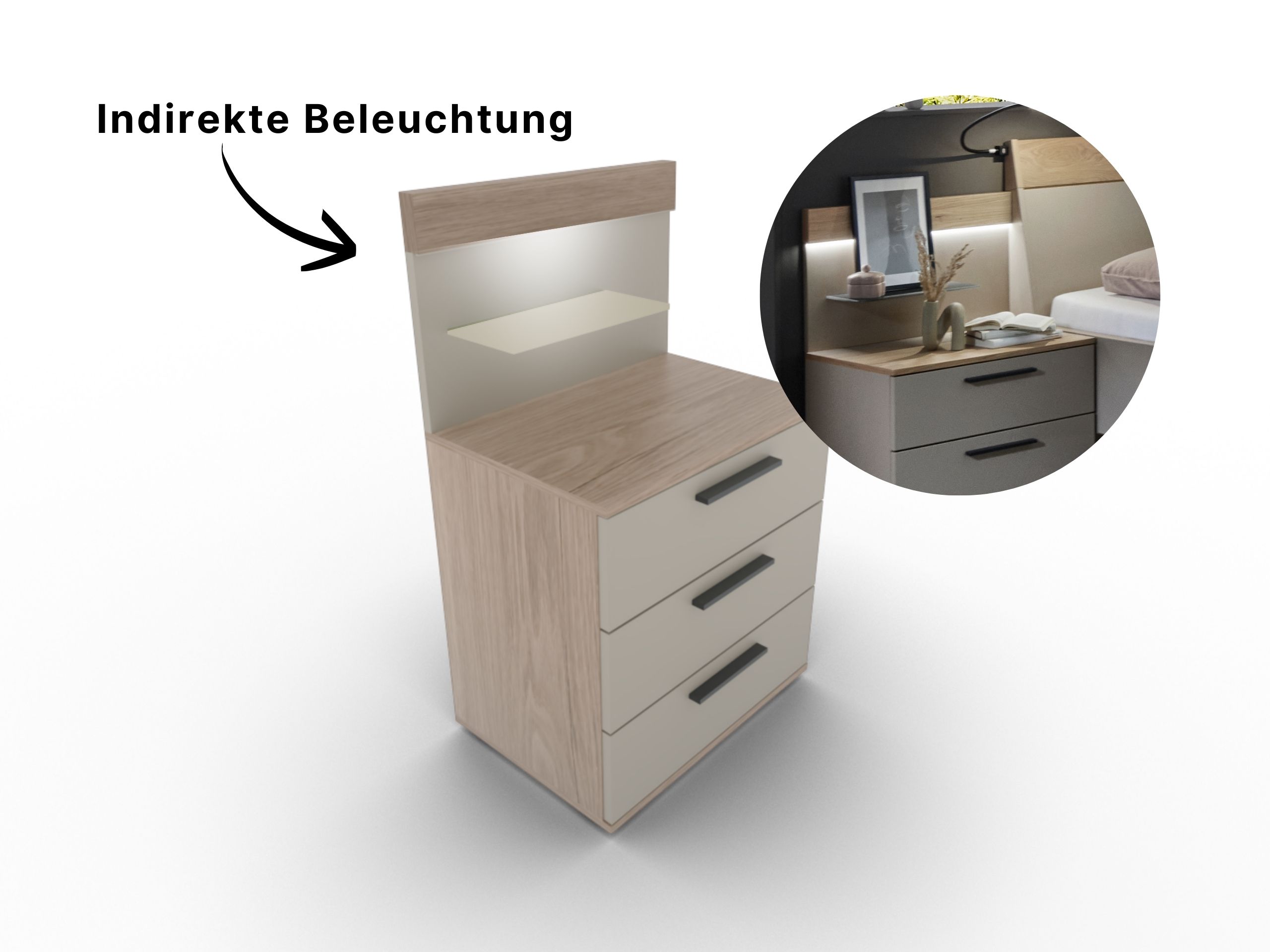 Disselkamp Cuneo Konsole 3 Schubkaesten_Panelaufsatz 60er_Lack Taupe_mit Beleuchtung O-Linie