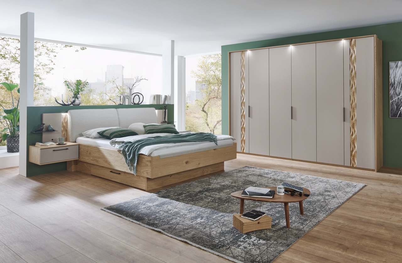 Callao Millieu Schrankftont 2 Lack Taupe Bett mit Polsterkopfteil