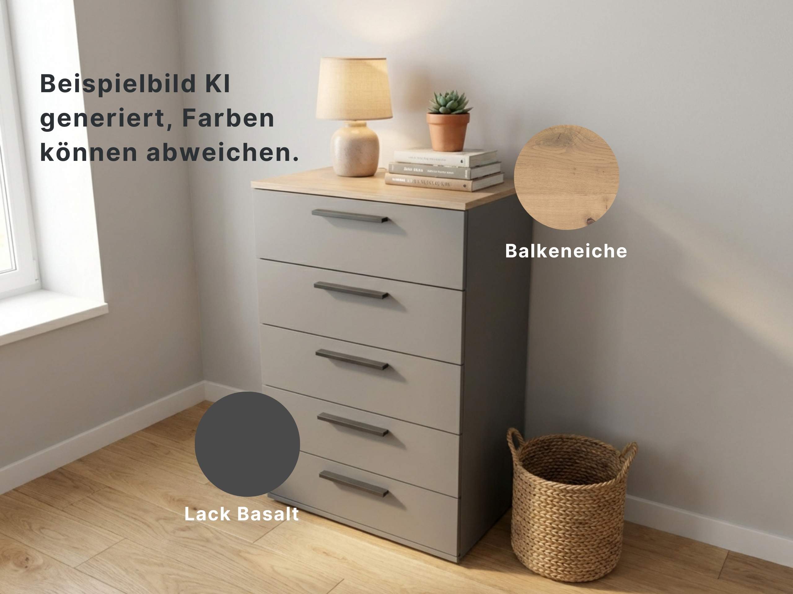 Disselkamp Cuneo Schubkastenkommode 60er U-Linie_Lack Basalt_KI generiertes Bild