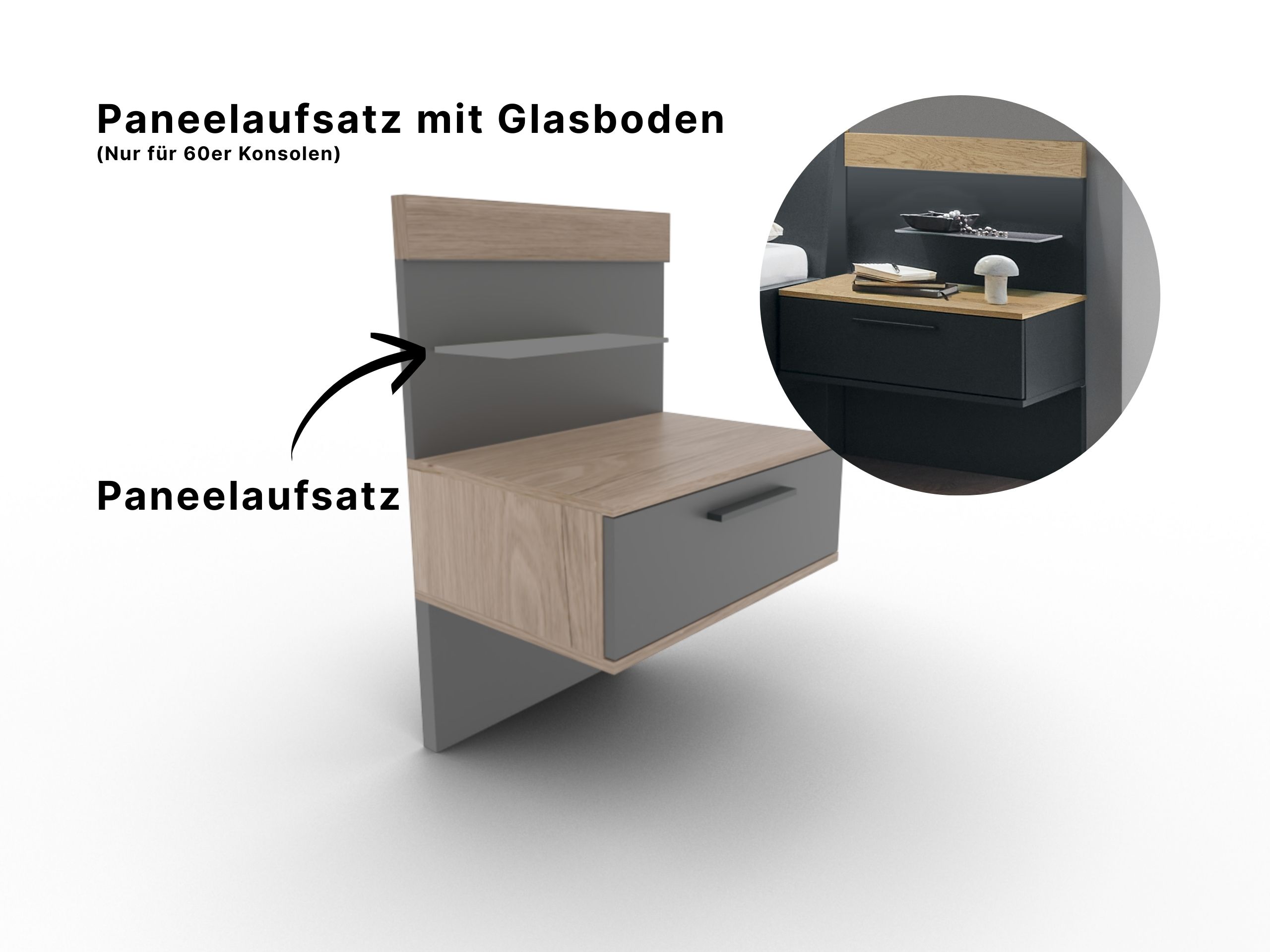 Disselkamp Cuneo Haengekonsole 60er_Paneelaufsatz mit Glasboden_Lack Basalt O-Linie
