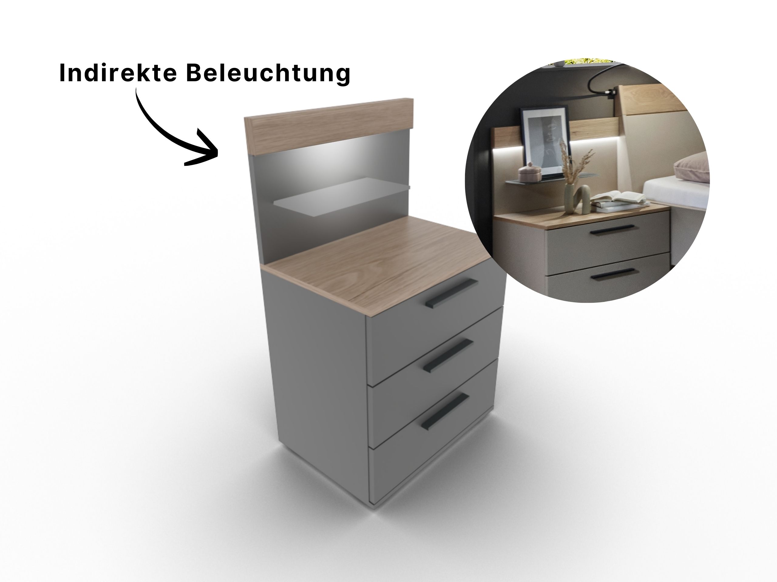 Disselkamp Cuneo Konsole 3 Schubkaesten_Panelaufsatz 60er_Lack Taupe_mit Beleuchtung U-Linie